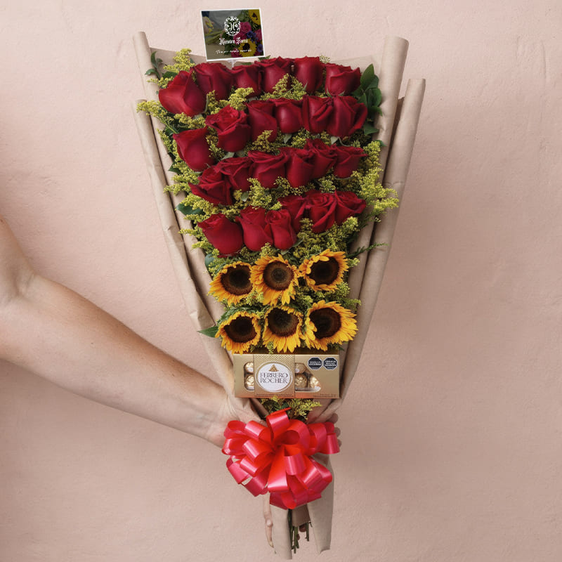 Bouquet de Rosas Rojas y Girasoles – Contraste Elegante