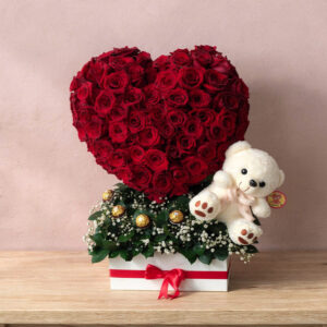 Corazón Grande de Rosas Rojas con Peluche – Amor Clásico